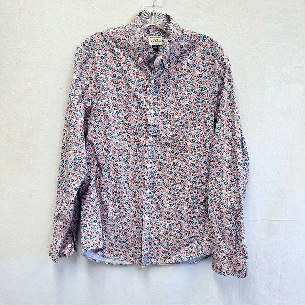 J Crew Stretch Secret Wash cotton poplin shirt slim floral‎ mens size medium